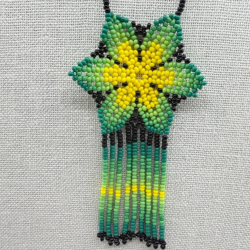 Necklace Green Yellow Seed Bead Floral Fringe Vintage Boho Artisan Statement Bib